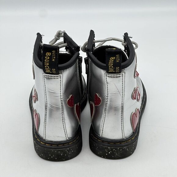 Dr. Martens Silver Kids Boots with Red Heart Accents - Picture 3 of 12